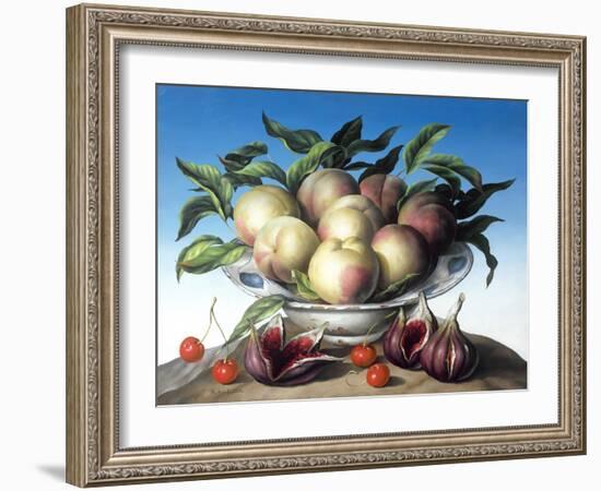 Peaches in Delft Bowl with Purple Figs-Amelia Kleiser-Framed Giclee Print