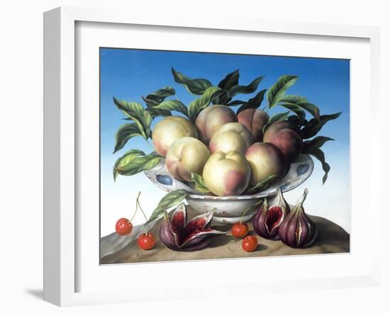 Peaches in Delft Bowl with Purple Figs-Amelia Kleiser-Framed Giclee Print