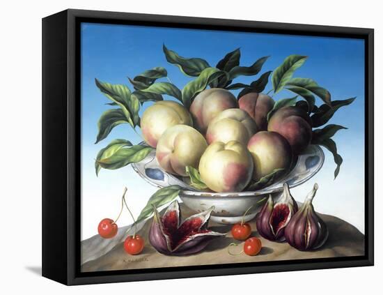 Peaches in Delft Bowl with Purple Figs-Amelia Kleiser-Framed Premier Image Canvas