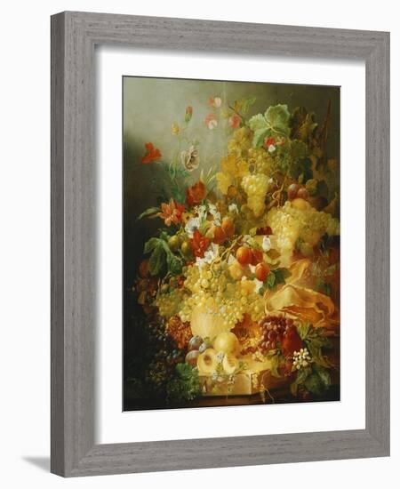 Peaches, Melons and Grapes with Sweet Peas and Poppies on a Stone Ledge-Jan Waarden-Framed Giclee Print