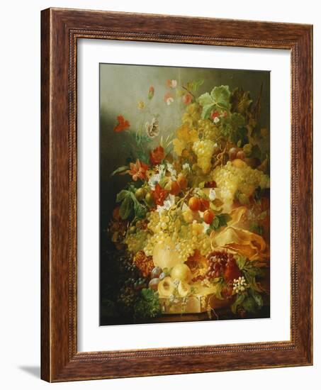 Peaches, Melons and Grapes with Sweet Peas and Poppies on a Stone Ledge-Jan Waarden-Framed Giclee Print