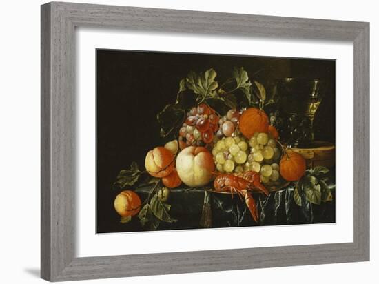 Peaches, Oranges, Grapes and Langoustines on a Pewter Plate and a Conical Roemer on a Box on a…-Cornelis De Heem-Framed Giclee Print