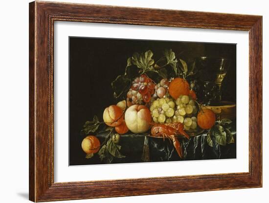 Peaches, Oranges, Grapes and Langoustines on a Pewter Plate and a Conical Roemer on a Box on a…-Cornelis De Heem-Framed Giclee Print