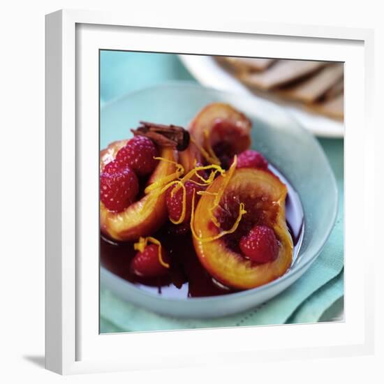 Peaches with Raspberries in Red Wine and Cinnamon Sauce-Frank Wieder-Framed Photographic Print