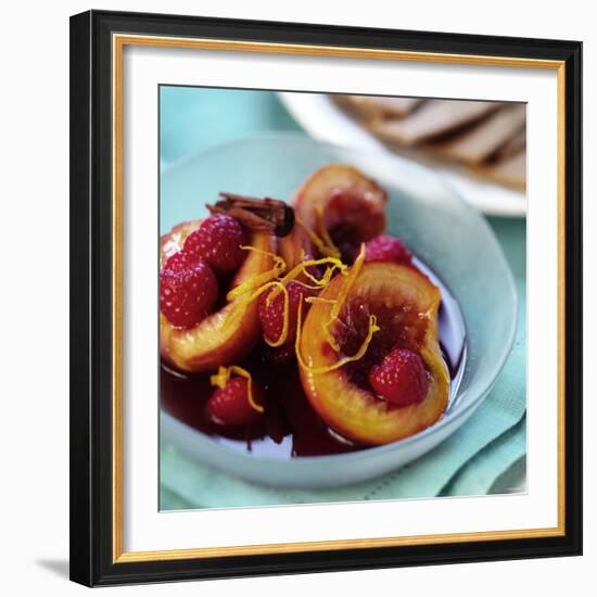 Peaches with Raspberries in Red Wine and Cinnamon Sauce-Frank Wieder-Framed Photographic Print