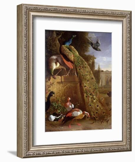 Peacock and a Peahen on a Plinth, with Ducks and Other Birds in a Park-Melchior de Hondecoeter-Framed Giclee Print