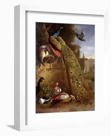 Peacock and a Peahen on a Plinth, with Ducks and Other Birds in a Park-Melchior de Hondecoeter-Framed Giclee Print