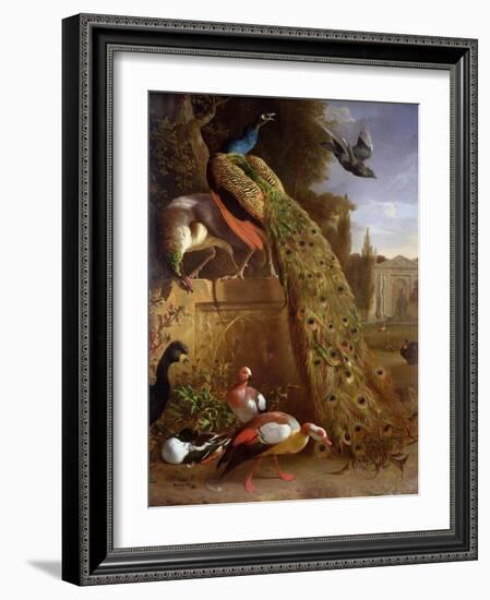 Peacock and a Peahen on a Plinth, with Ducks and Other Birds in a Park-Melchior de Hondecoeter-Framed Giclee Print