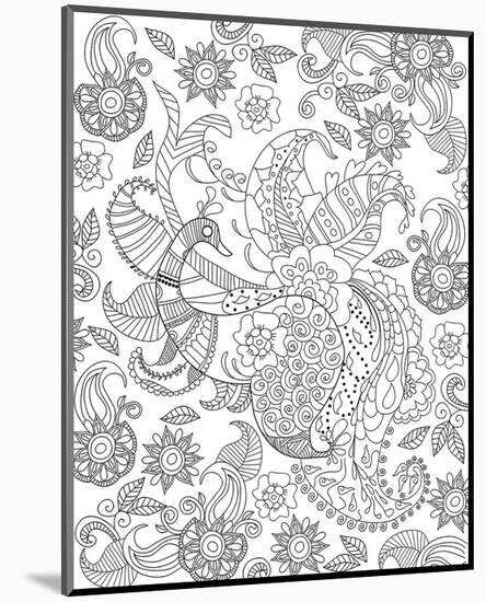 Peacock And Flowers Coloring Art-null-Mounted Coloring Poster