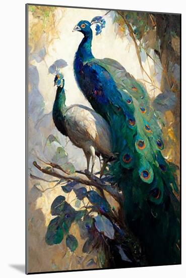 Peacock and Peahen on the tree branch I-Vivienne Dupont-Mounted Art Print