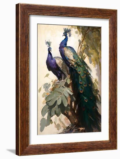 Peacock and Peahen on the tree branch-Vivienne Dupont-Framed Art Print