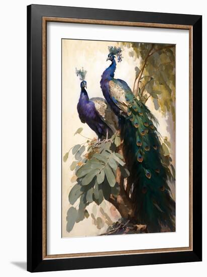 Peacock and Peahen on the tree branch-Vivienne Dupont-Framed Art Print