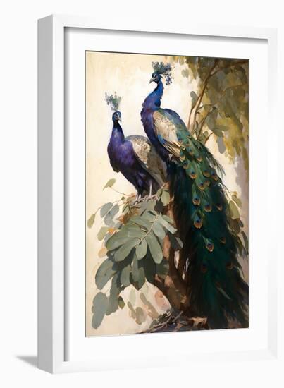 Peacock and Peahen on the tree branch-Vivienne Dupont-Framed Art Print