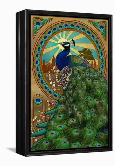 Peacock - Art Nouveau-Lantern Press-Framed Stretched Canvas