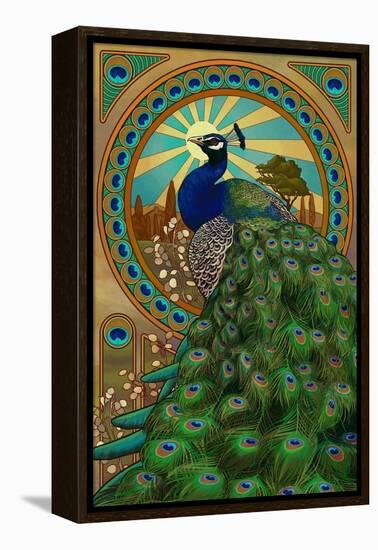 Peacock - Art Nouveau-Lantern Press-Framed Stretched Canvas