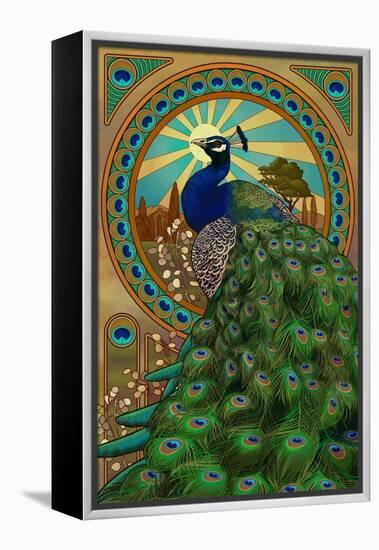 Peacock - Art Nouveau-Lantern Press-Framed Stretched Canvas