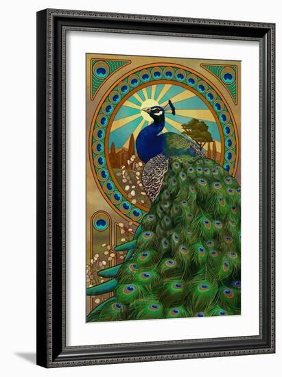 Peacock - Art Nouveau-Lantern Press-Framed Premium Giclee Print