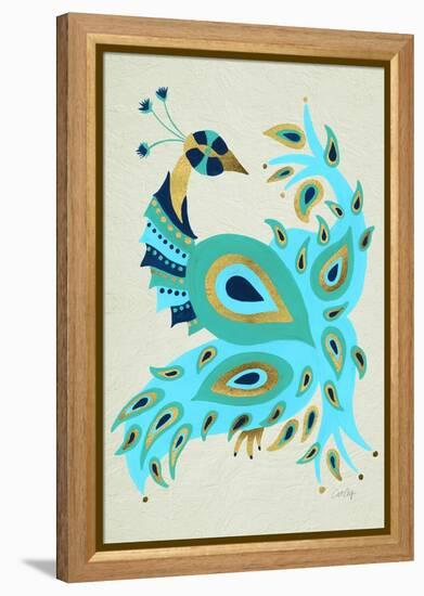 Peacock in Gold and Turquoise-Cat Coquillette-Framed Stretched Canvas