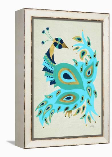 Peacock in Gold and Turquoise-Cat Coquillette-Framed Stretched Canvas