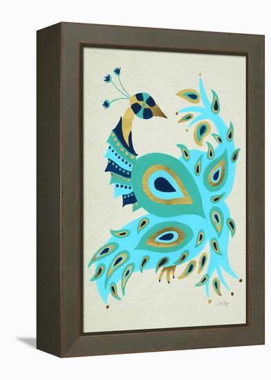 Peacock in Gold and Turquoise-Cat Coquillette-Framed Stretched Canvas