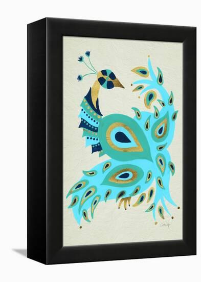 Peacock in Gold and Turquoise-Cat Coquillette-Framed Stretched Canvas