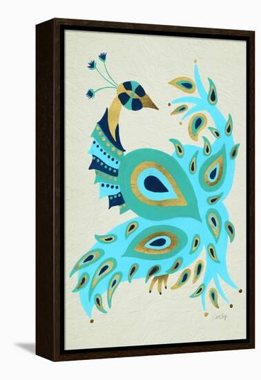 Peacock in Gold and Turquoise-Cat Coquillette-Framed Stretched Canvas