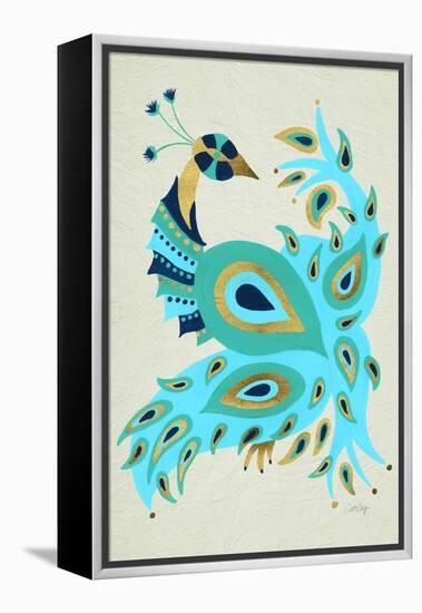 Peacock in Gold and Turquoise-Cat Coquillette-Framed Stretched Canvas