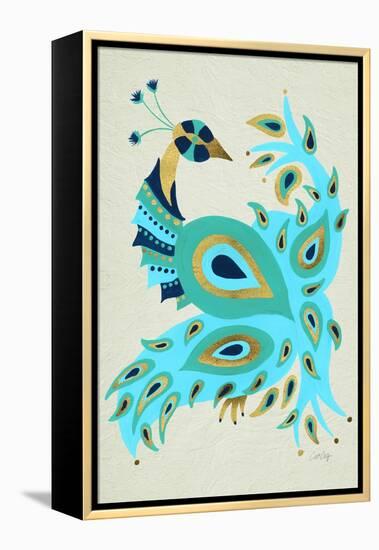 Peacock in Gold and Turquoise-Cat Coquillette-Framed Stretched Canvas