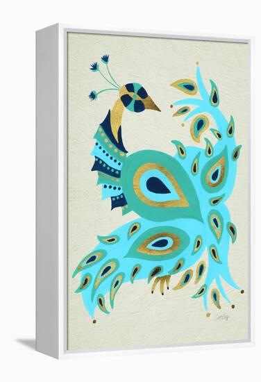 Peacock in Gold and Turquoise-Cat Coquillette-Framed Stretched Canvas