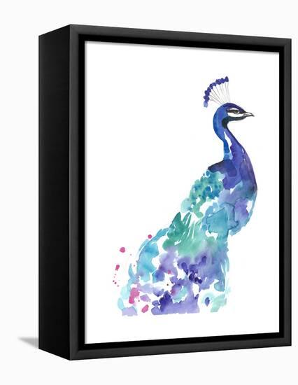 Peacock Splash I-Jennifer Goldberger-Framed Stretched Canvas