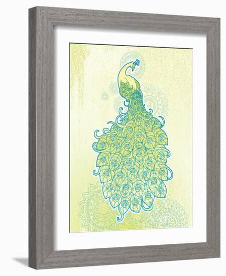 Peacock with Tail Feathers in Front of Detailed Background-artplay-Framed Art Print
