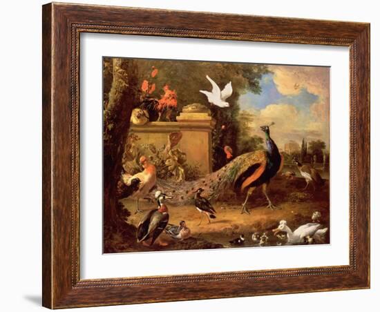 Peacocks and Other Birds by a Lake-Melchior de Hondecoeter-Framed Giclee Print