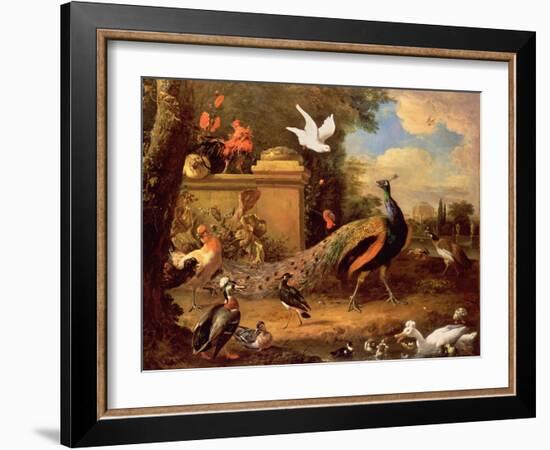 Peacocks and Other Birds by a Lake-Melchior de Hondecoeter-Framed Giclee Print