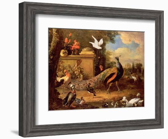 Peacocks and Other Birds by a Lake-Melchior de Hondecoeter-Framed Giclee Print