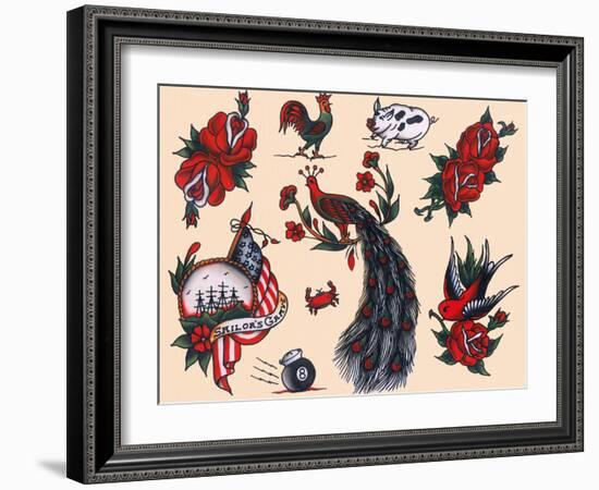 Peacocks, Roses & Roosters: Vintage Sailor and California Biker Tatooo Flash-Piddix-Framed Art Print