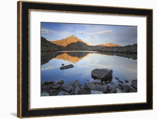 Peak Tambo Reflected in Lake Bergsee at Dawn, Chiavenna Valley, Spluga Valley, Switzerland, Europe-Roberto Moiola-Framed Photographic Print