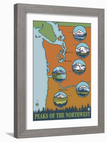 Peaks of the Northwest, 5 Different Mountains-Lantern Press-Framed Art Print