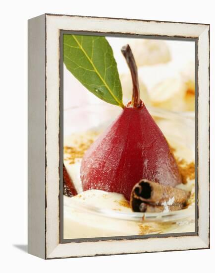 Pear in Red Wine with Cinnamon in Madeira Cream-null-Framed Premier Image Canvas