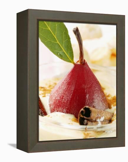 Pear in Red Wine with Cinnamon in Madeira Cream-null-Framed Premier Image Canvas