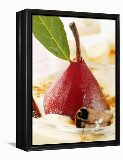 Pear in Red Wine with Cinnamon in Madeira Cream-null-Framed Premier Image Canvas