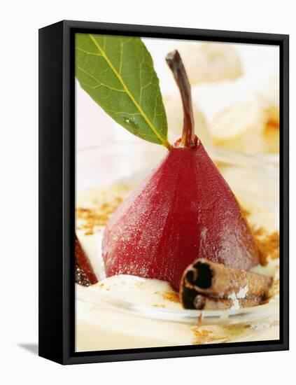 Pear in Red Wine with Cinnamon in Madeira Cream-null-Framed Premier Image Canvas