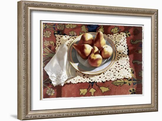 Pears in a Bowl on an Oriental Rug-Helen J. Vaughn-Framed Giclee Print