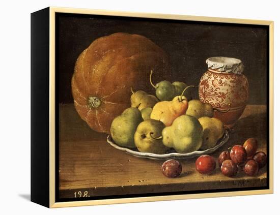 Pears on a Plate, a Melon, Plums, and a Decorated Manises Jar with Plums on a Wooden Ledge-Luis Melendez-Framed Premier Image Canvas