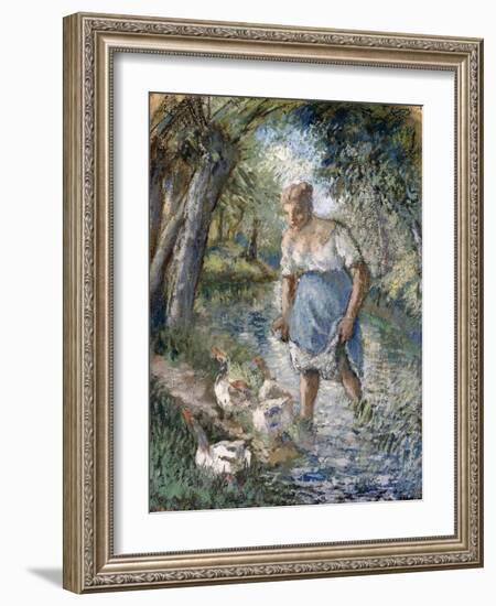 Peasant Crossing a Stream, C.1894-Camille Pissarro-Framed Giclee Print