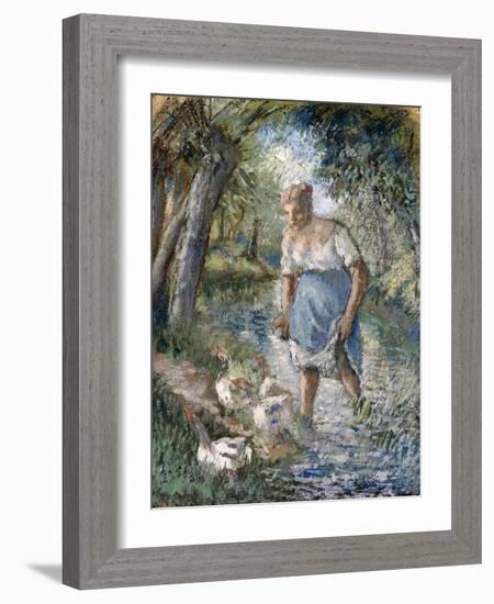 Peasant Crossing a Stream, C.1894-Camille Pissarro-Framed Giclee Print