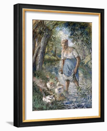 Peasant Crossing a Stream, C.1894-Camille Pissarro-Framed Giclee Print