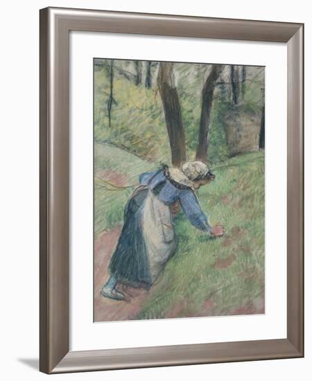 Peasant Woman Weeding the Grass (Pastel Heightened in Places with a Pink Wash)-Camille Pissarro-Framed Giclee Print