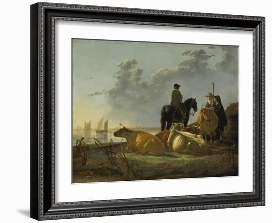 Peasants and Cattle by the River Merwede, C.1655-60-Aelbert Cuyp-Framed Giclee Print