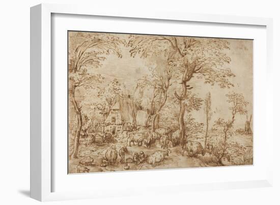 Peasants and Cattle near a Farmhouse, c.1553-54-Pieter the Elder Brueghel-Framed Giclee Print