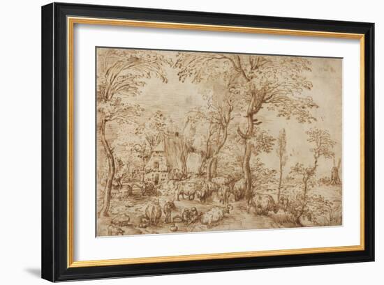 Peasants and Cattle near a Farmhouse, c.1553-54-Pieter the Elder Brueghel-Framed Giclee Print